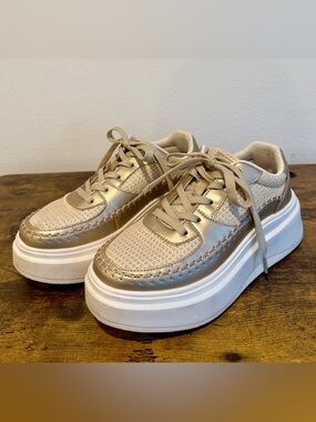 *LIKE NEW Platform Lace-Up Sneakers in Champagne Gold and Cream. Size 8.
